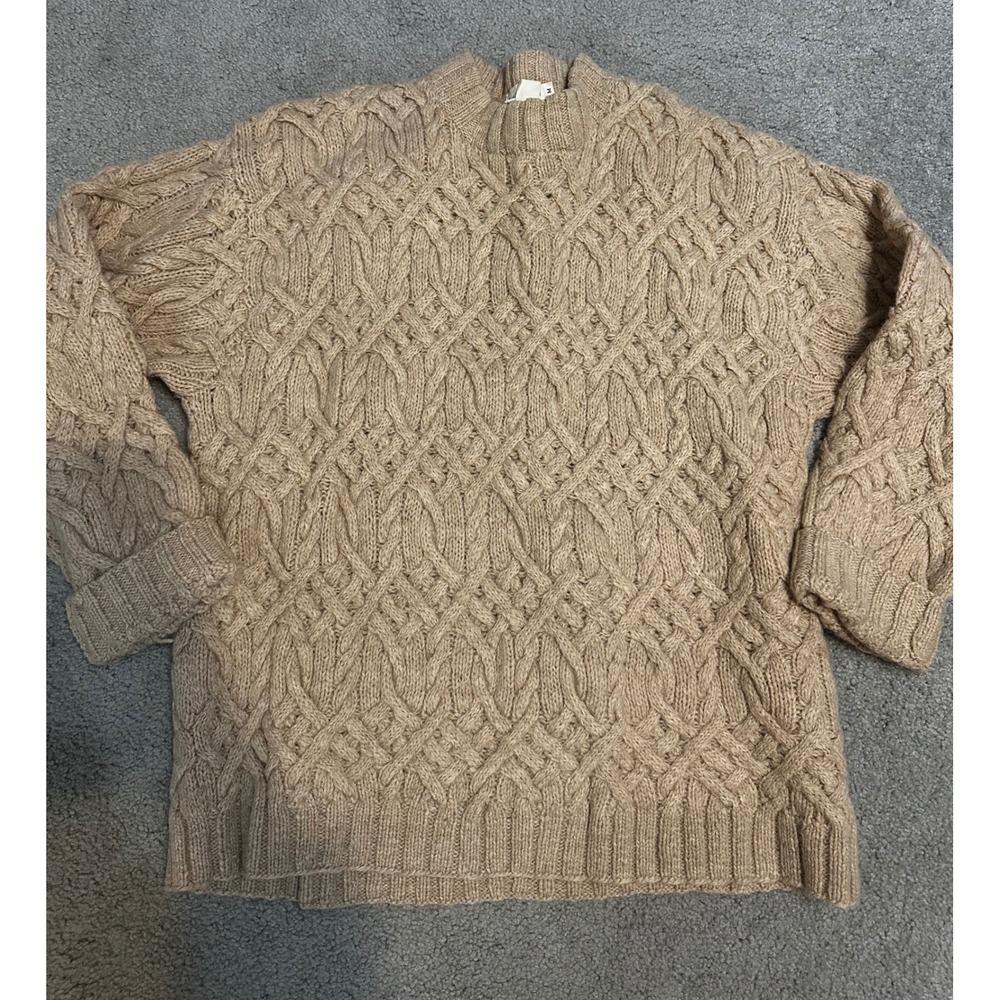 J.Crew Mens 100% Wool Cable Knit Sweater Tan Beige Crew Neck Size M
